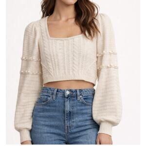 JONATHAN SIMKHAI Ivory Cable knit Cropped Sweater Medium Puff Shoulder Pom Pom M